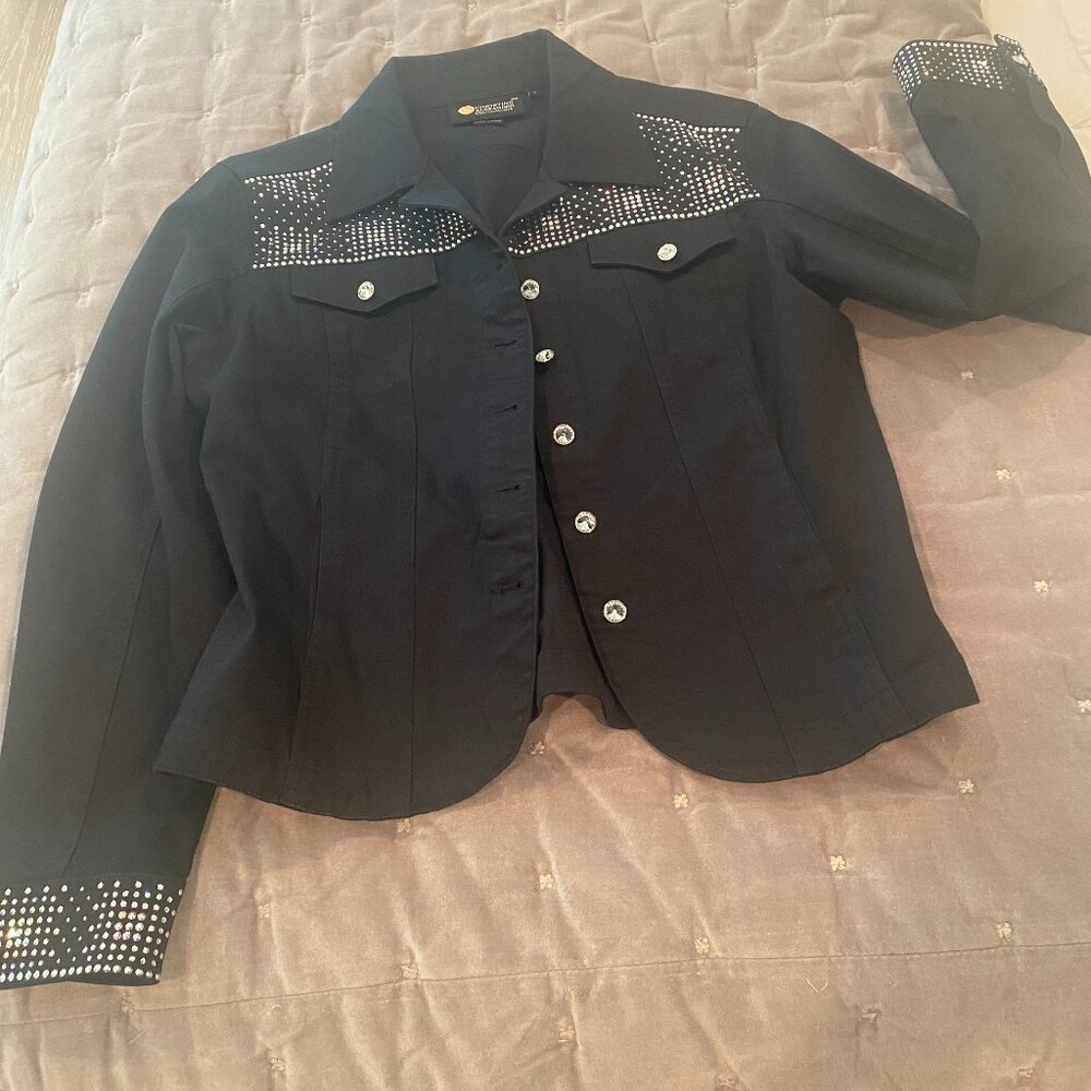Christine Alexander embellished black denim jacket size large